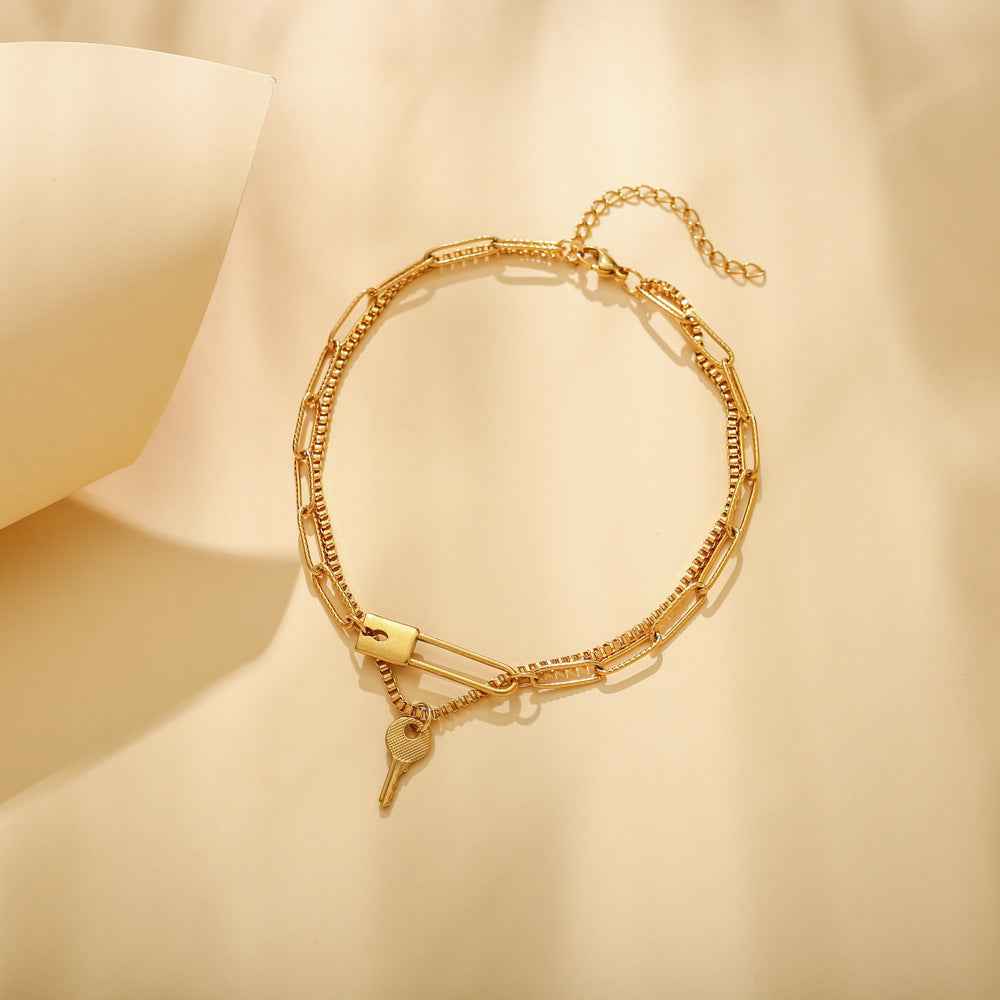 Stainless Steel Gold Double Key Pin Lock Anklet - Beauty Accessories