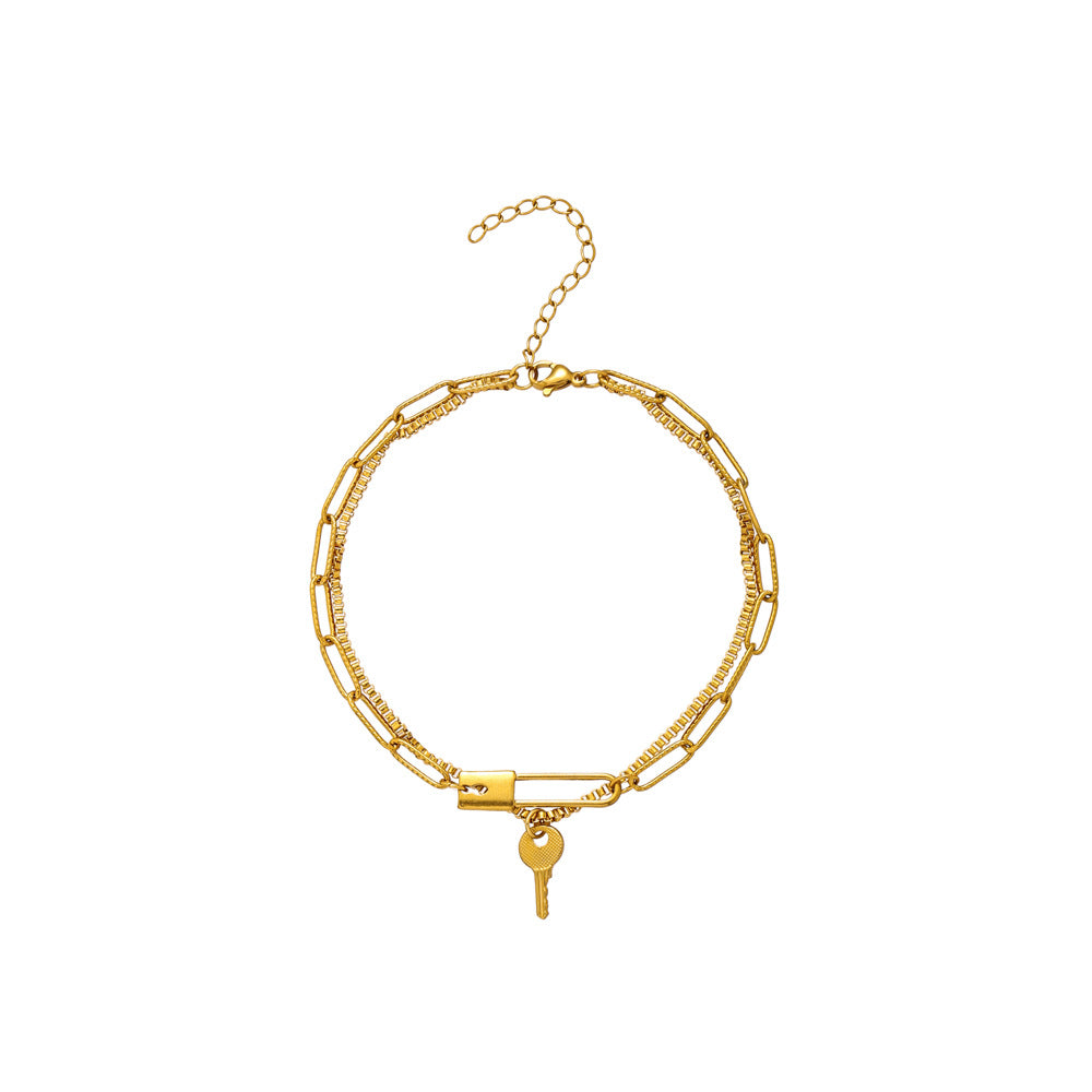 Stainless Steel Gold Double Key Pin Lock Anklet - Beauty Accessories