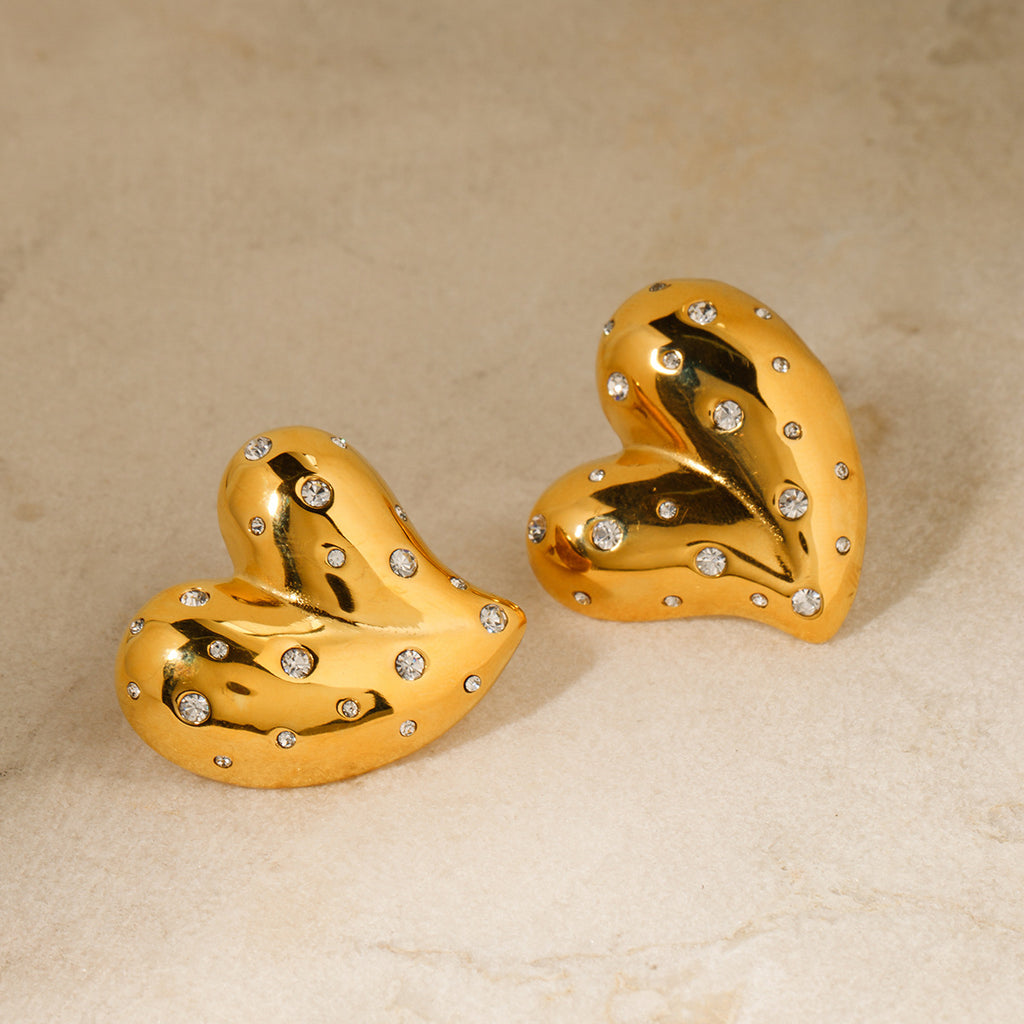 Fashion 18K Gold Stainless Steel Inlaid White Diamond Love Heart Earrings - Beauty Accessories