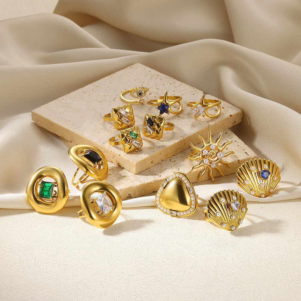 European And American New Stainless Steel Pearl Zircon Ring For Women