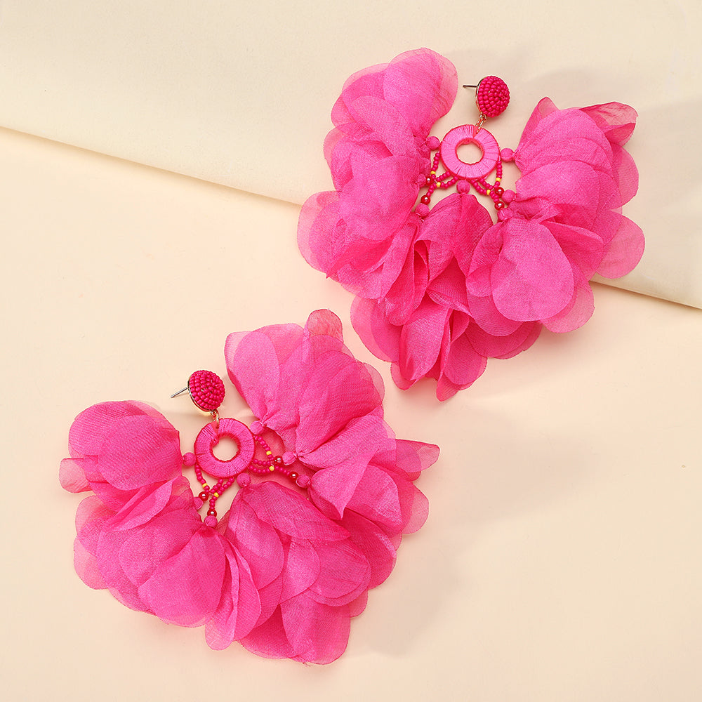 Handmade Bohemian Beaded Chiffon Flower Tassel Earrings - Beauty Accessories