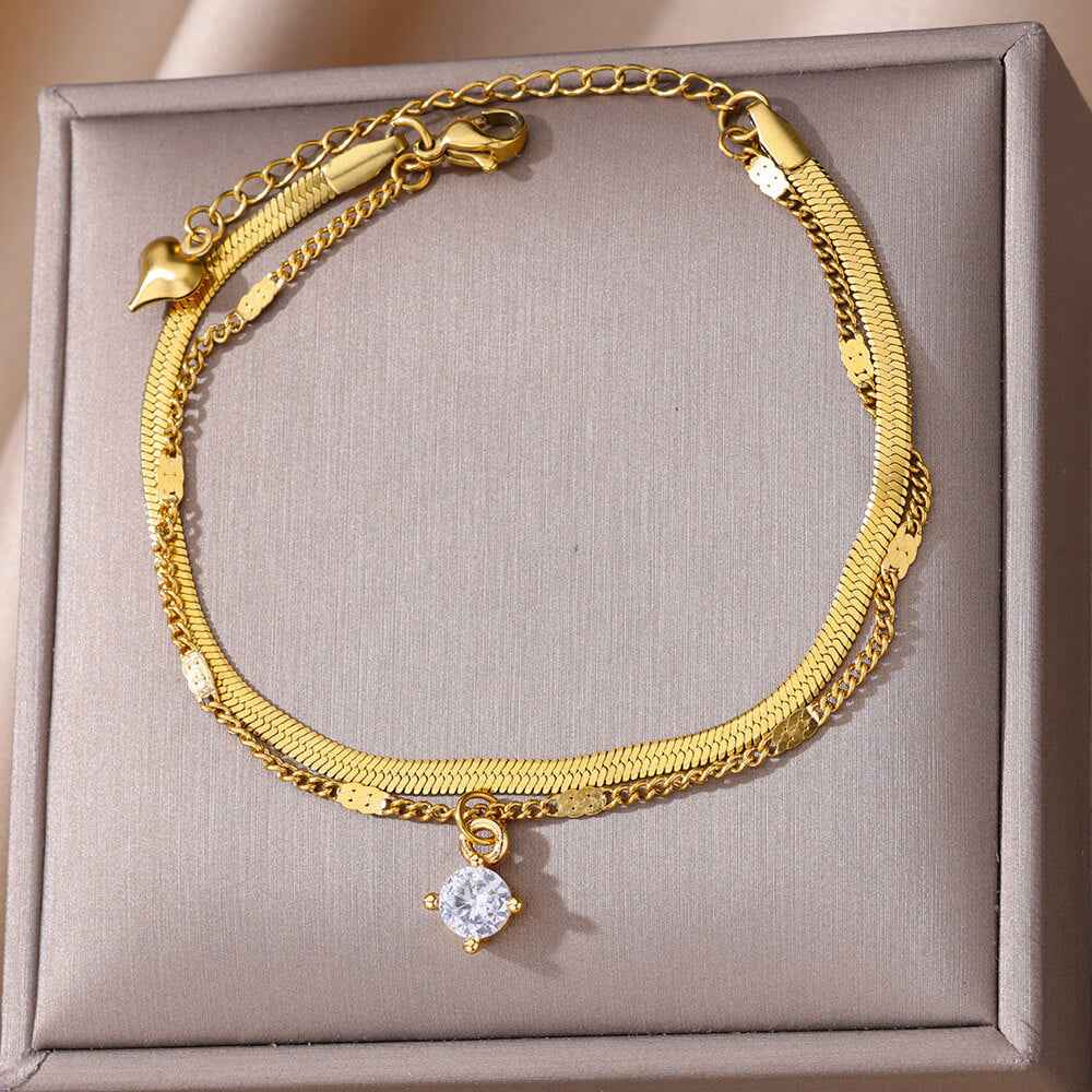 Fashion Double Layer Snake Bone Anklet Elegant Beach Stainless Steel - Beauty Accessories