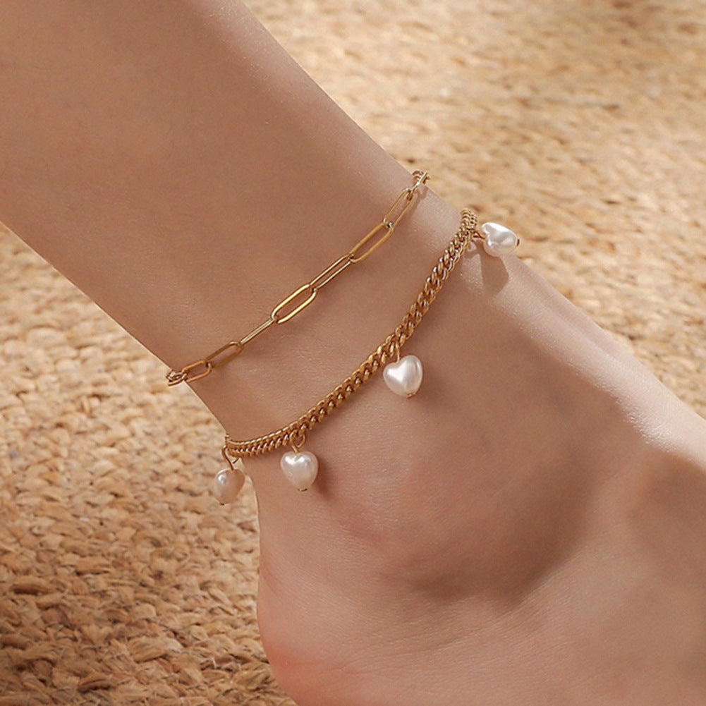 Stainless Steel Gold Double Love Pearl Anklet - Beauty Accessories