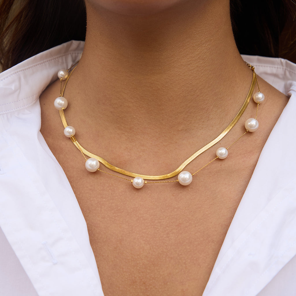 Elegant 18K Gold Stainless Steel Glass Pearl Necklace - Beauty Accessories