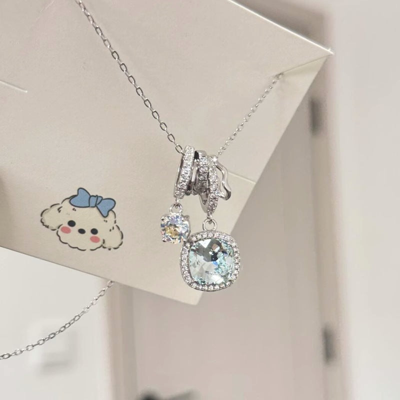 S925 Pure Silver Ice-clear Sea Blue Square Necklace - Beauty Accessories