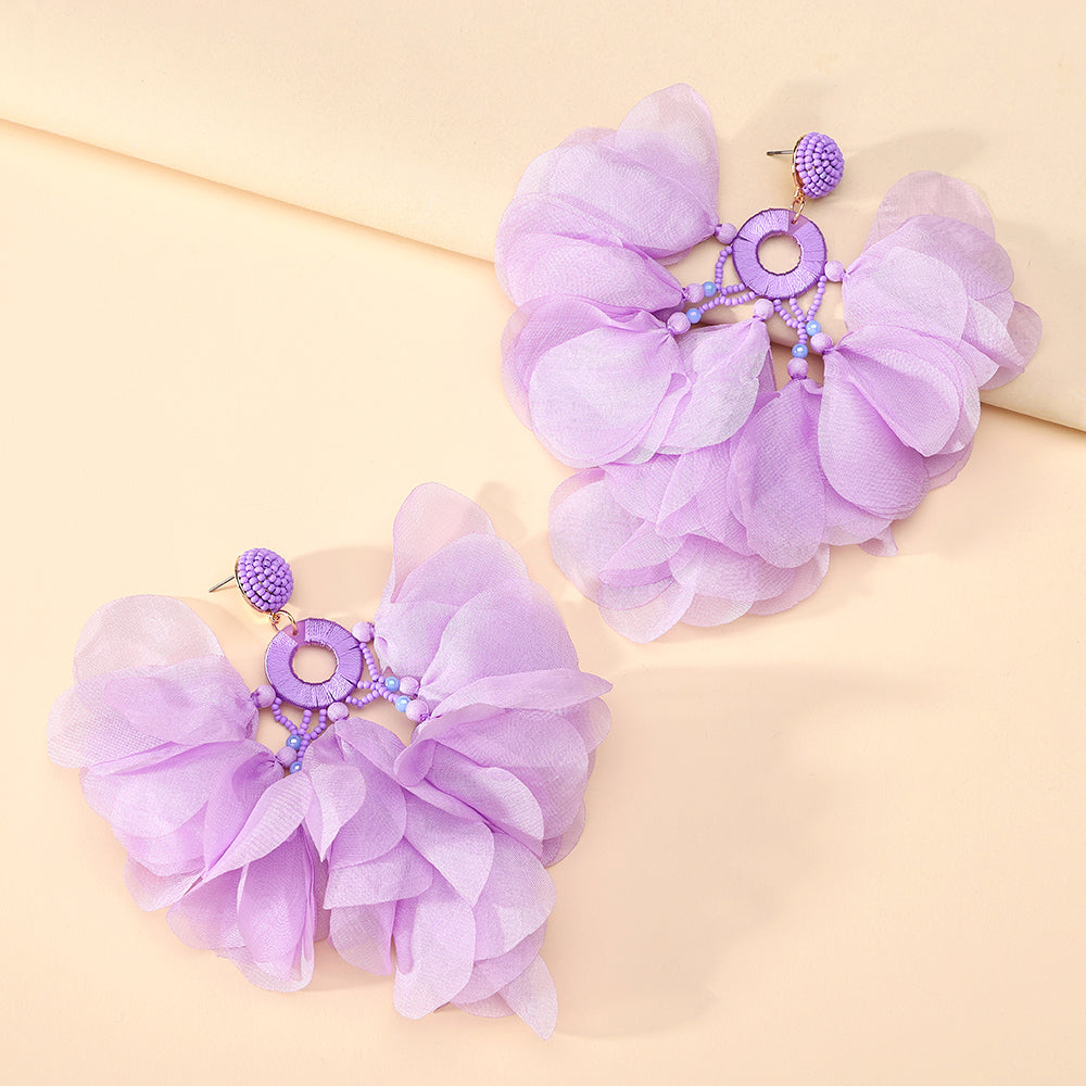 Handmade Bohemian Beaded Chiffon Flower Tassel Earrings - Beauty Accessories
