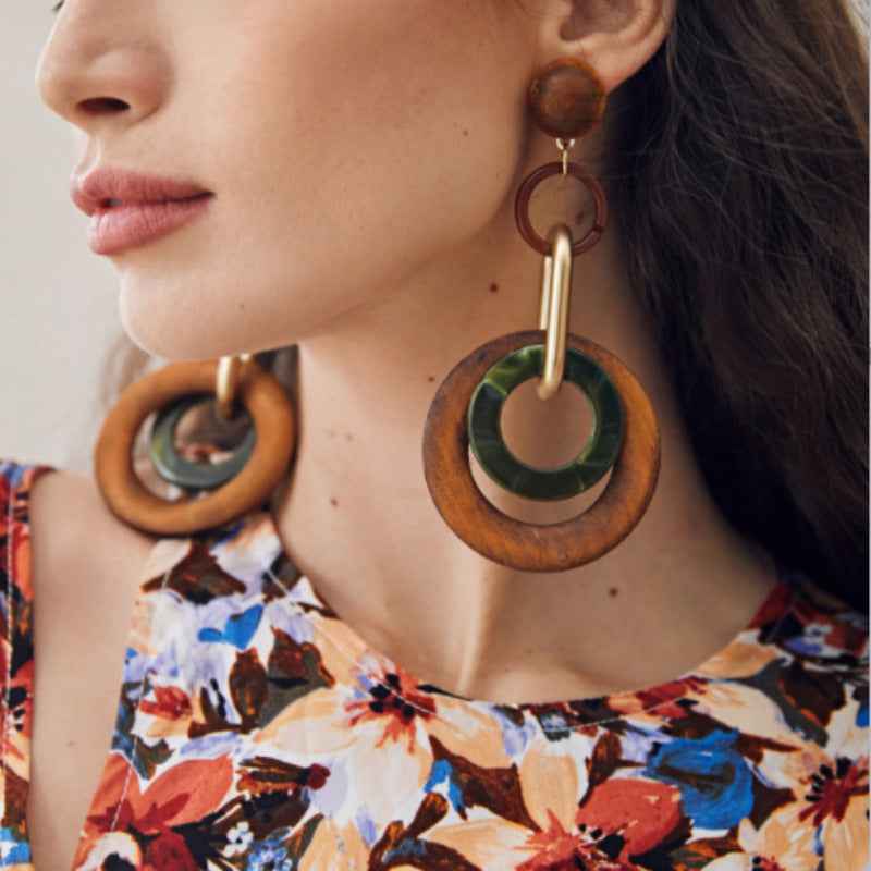 Vintage Handmade Fashion Wooden Metal Dangle Earrings