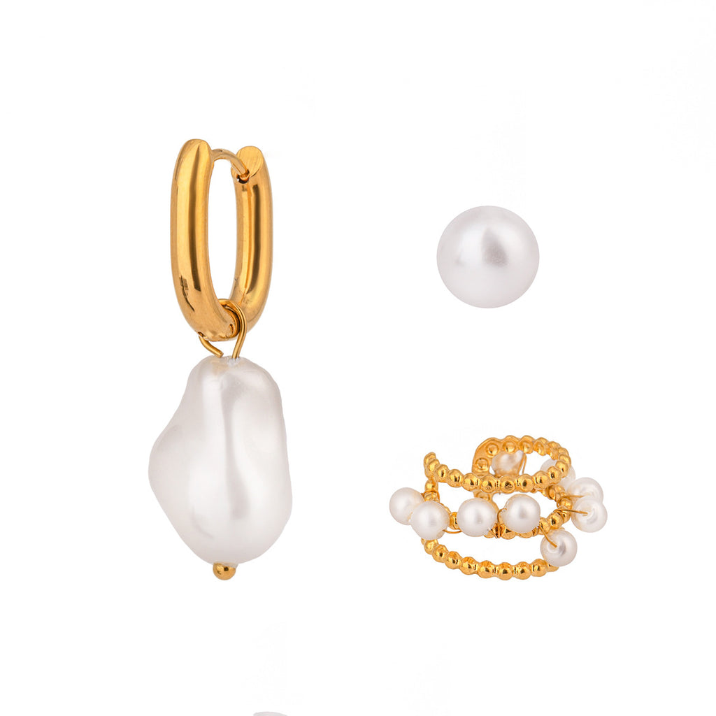 18K Gold Stainless Steel Pearl Round Beads Earrings - Beauty Accessories