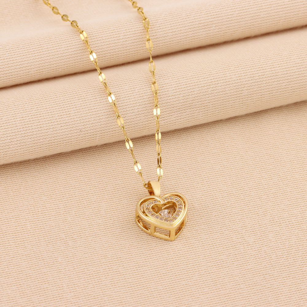 Double-layer Love Necklace With Rhinestones Titanium Steel - Beauty Accessories