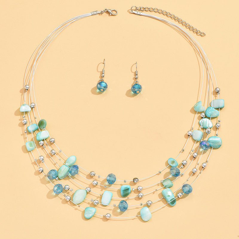 Bohemian Multi-layer Crystal Shell Earrings And Necklace Set - Beauty Accessories