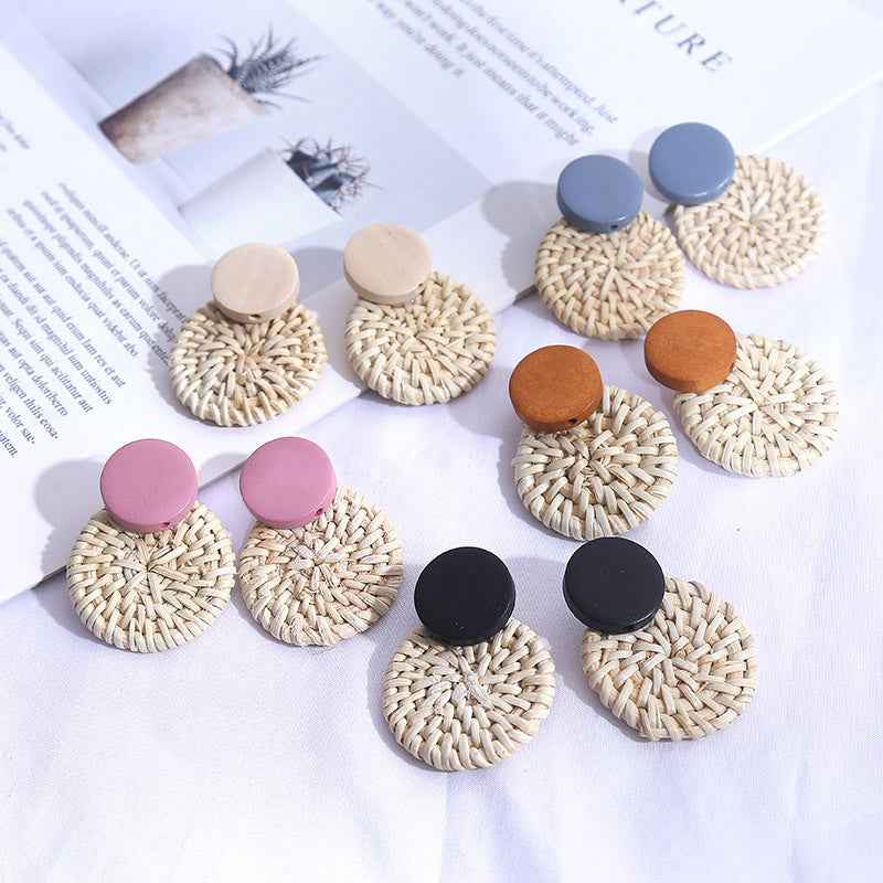 Women's Wooden Rattan Geometric Round Boho Earrings