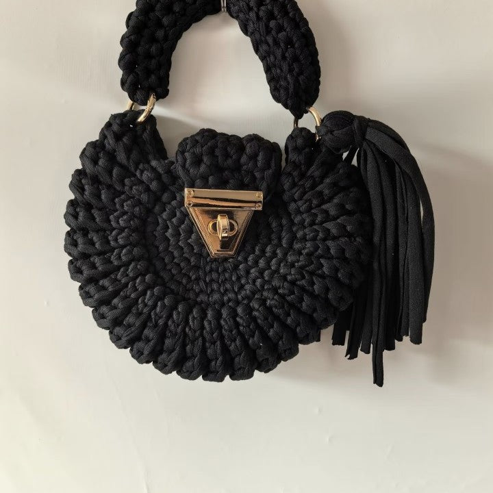 Bohemian Womens Solid-Colored Fabric-Strap Crochet Bag - Beauty Accessories
