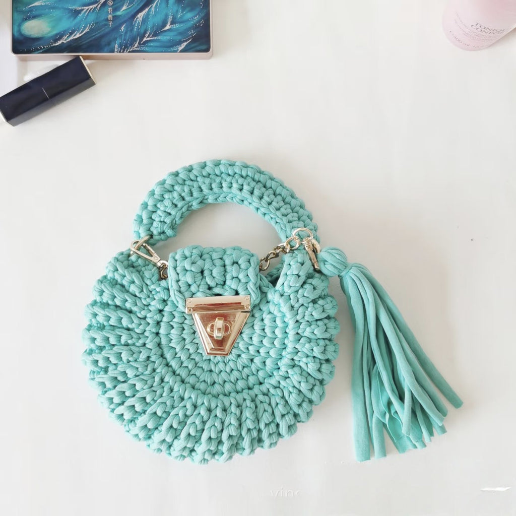 Bohemian Womens Solid-Colored Fabric-Strap Crochet Bag - Beauty Accessories