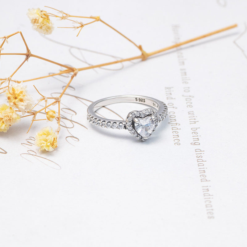 S925 Silver Heart-shaped Ring With Diamonds Thai Silver For Women
