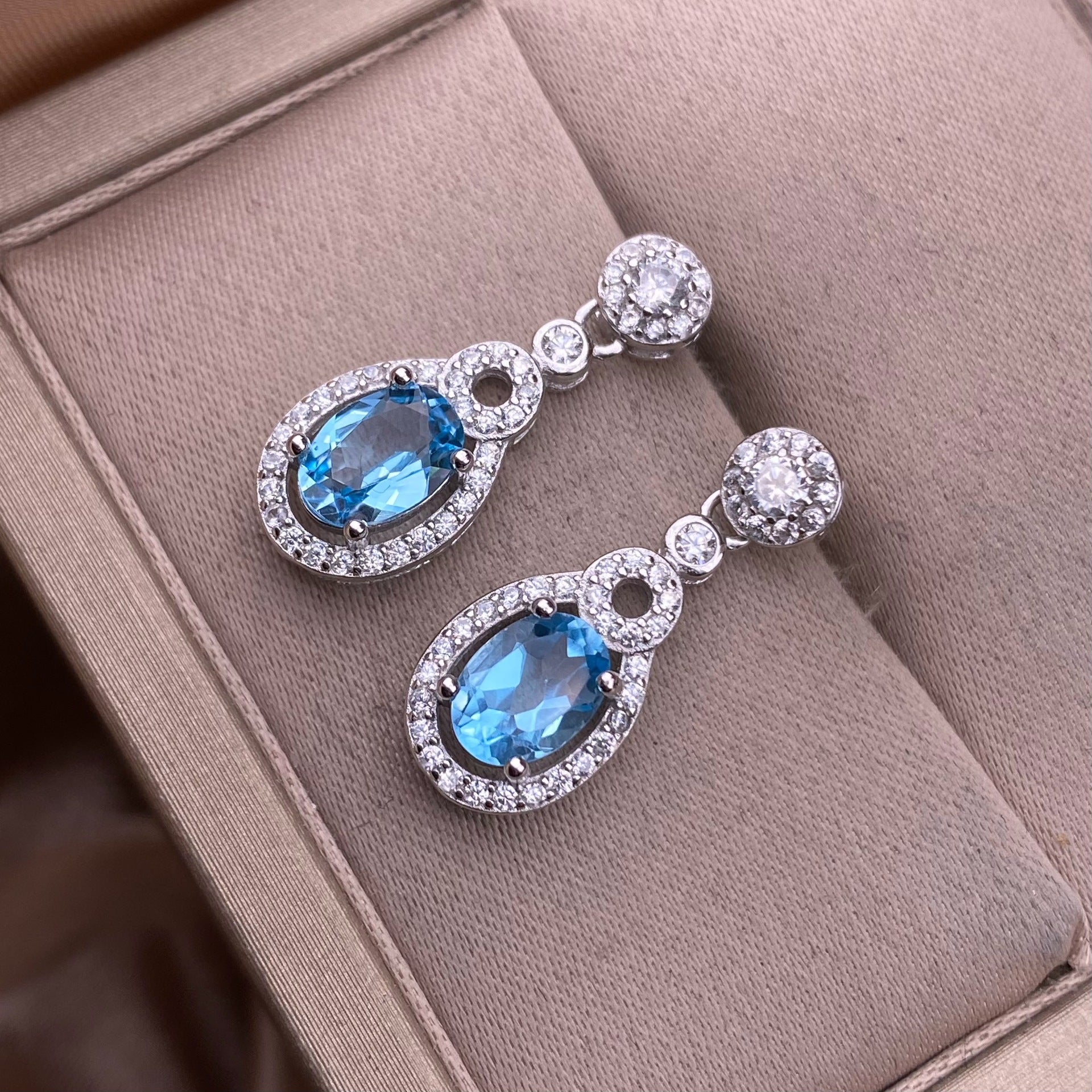 Blue Topaz Earrings S925 Silver Set With Full Diamonds
