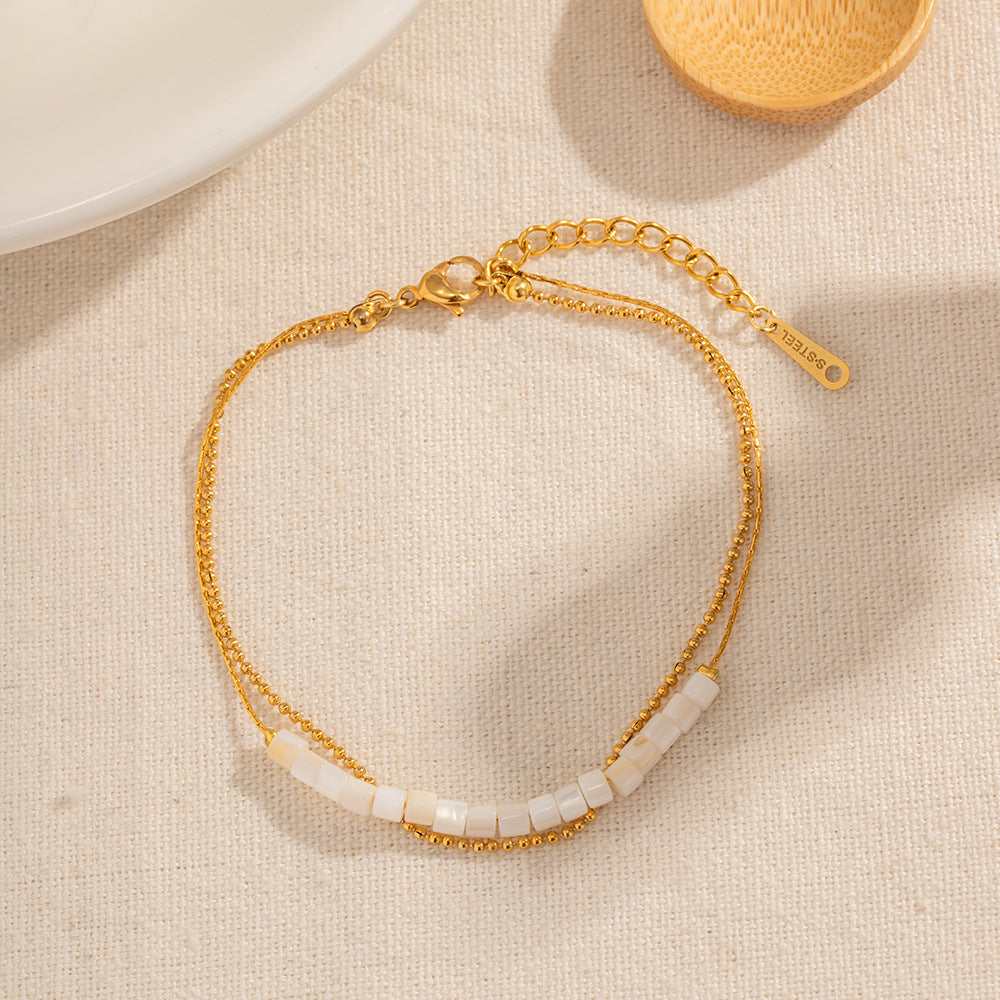 18K Gold Stainless Steel Double-layer Cylindrical Shell Beaded Anklet - Beauty Accessories