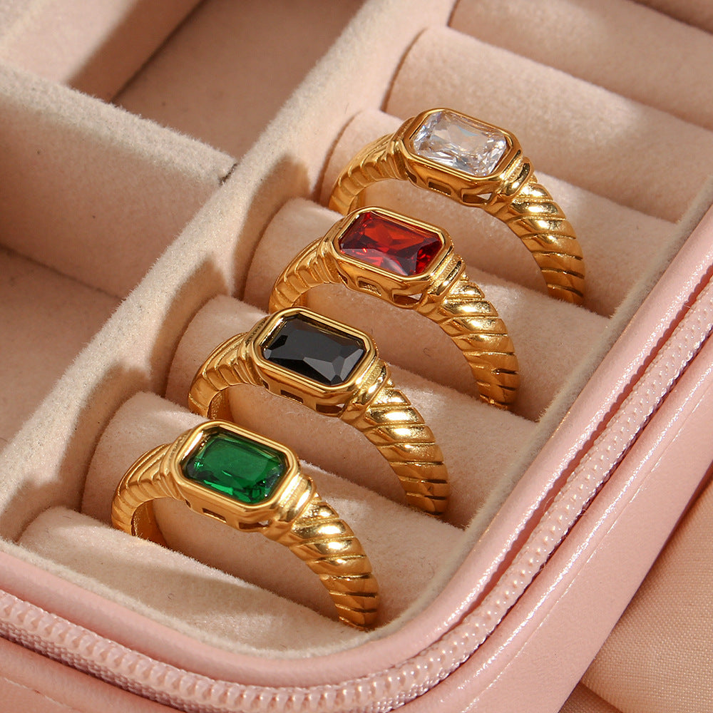 Stainless Steel Waterproof Black White Green Zircon Ring - Beauty Accessories