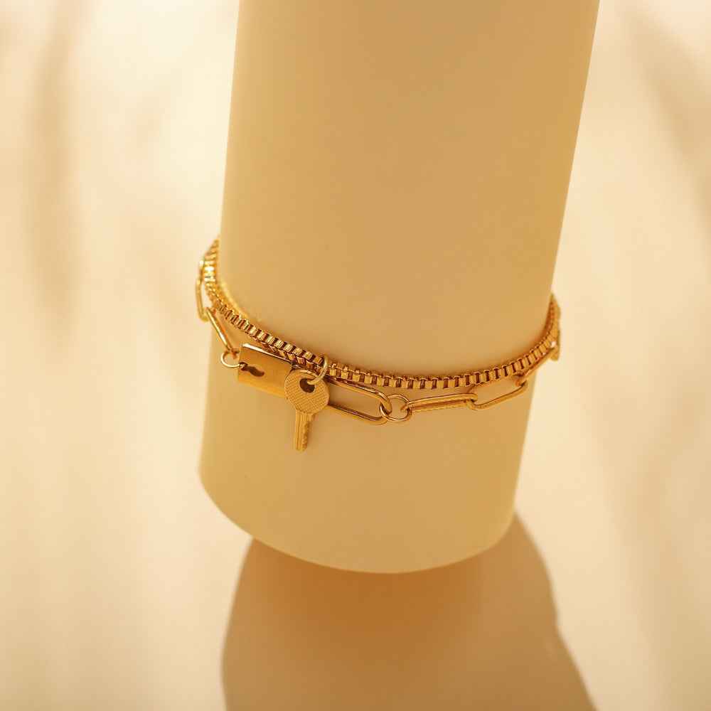 Stainless Steel Gold Double Key Pin Lock Anklet - Beauty Accessories