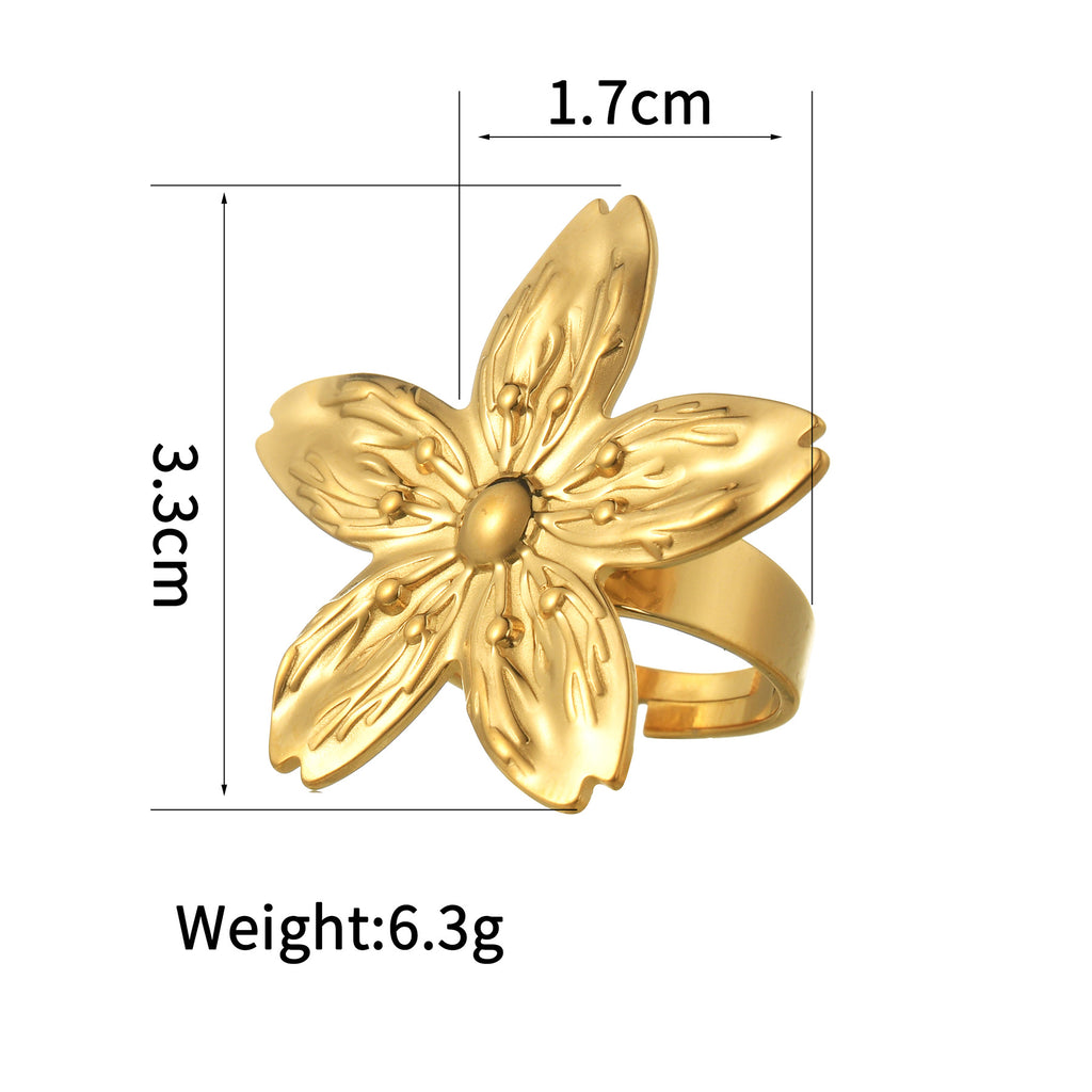 Textured Retro Gold Stainless Steel Flower Open Ring Women - Beauty Accessories