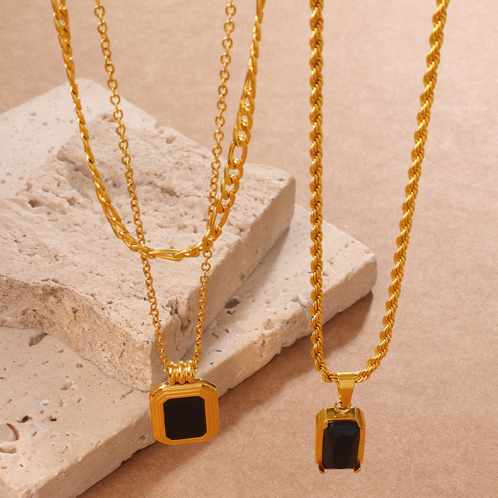 Vintage Stackable Black Onyx Pendant 18K Gold Plated Stainless Steel - Beauty Accessories