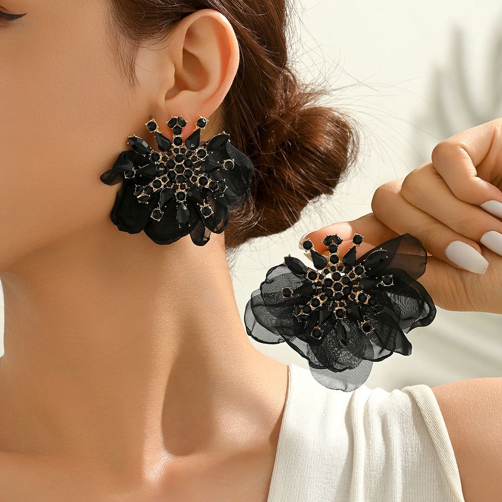 Bohemian Rhinestone Chiffon Flower Stud Earrings For Women - Beauty Accessories
