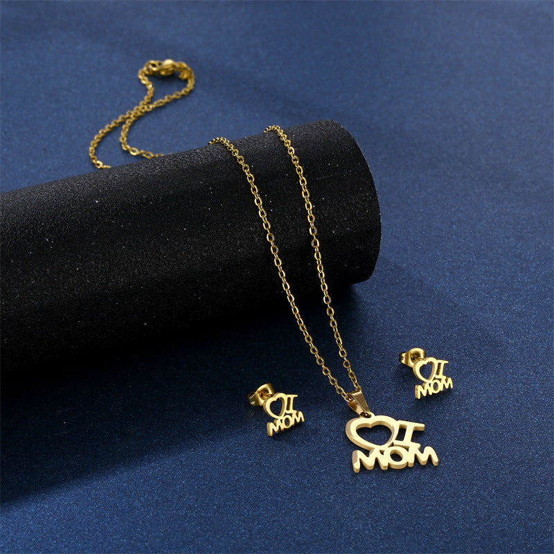 Mother's Day Jewelry Set Stainless Steel Pendant Necklace Earrings - Beauty Accessories