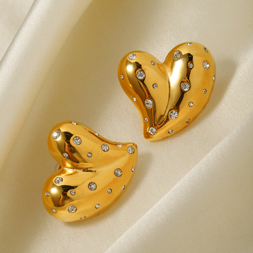 Fashion 18K Gold Stainless Steel Inlaid White Diamond Love Heart Earrings - Beauty Accessories