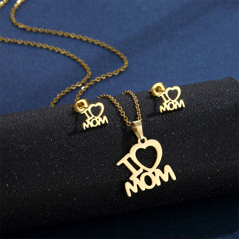 Mother's Day Jewelry Set Stainless Steel Pendant Necklace Earrings - Beauty Accessories