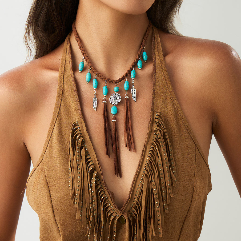 Bohemian Turquoise Pendant Flannel Woven Tassel Necklace - Beauty Accessories
