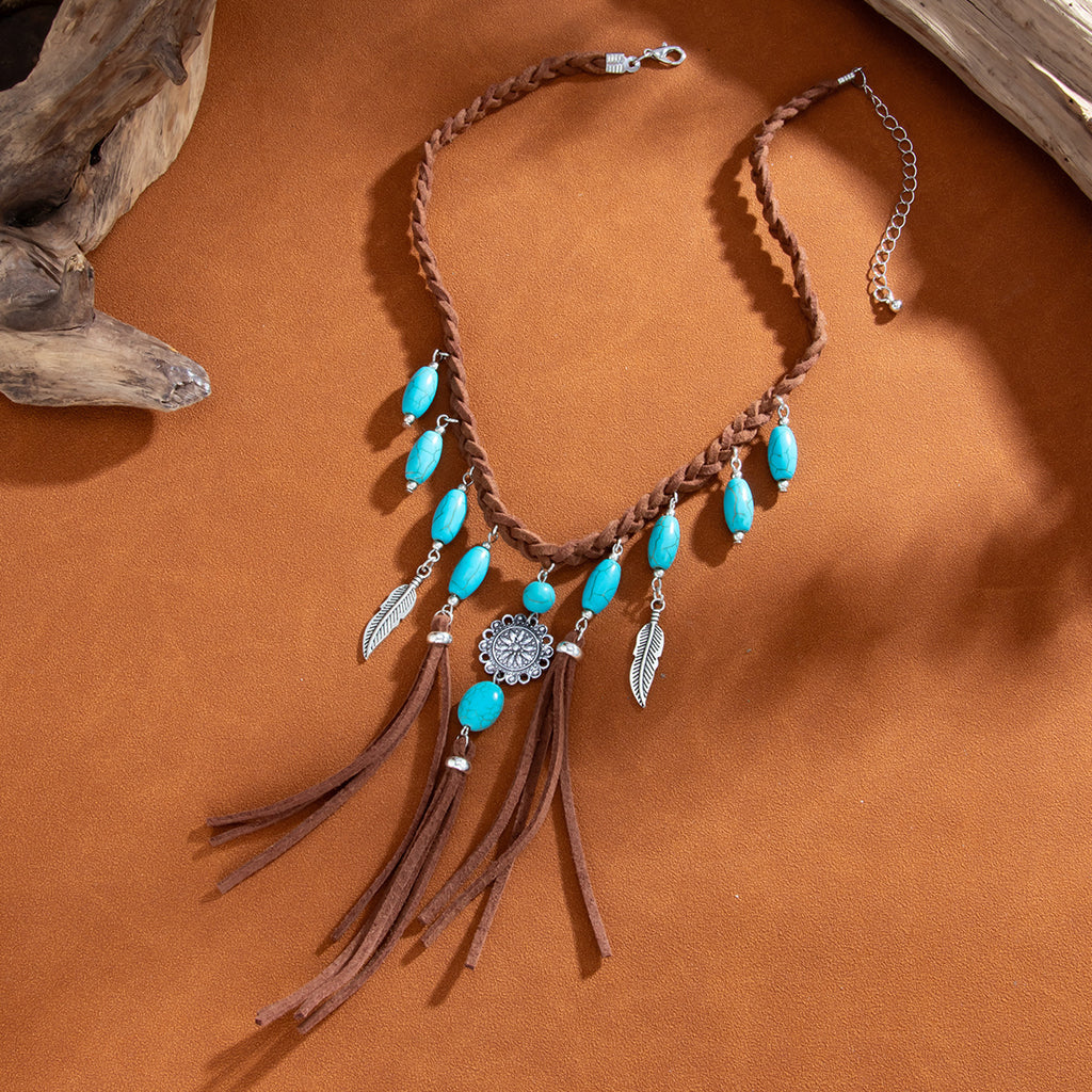 Bohemian Turquoise Pendant Flannel Woven Tassel Necklace - Beauty Accessories