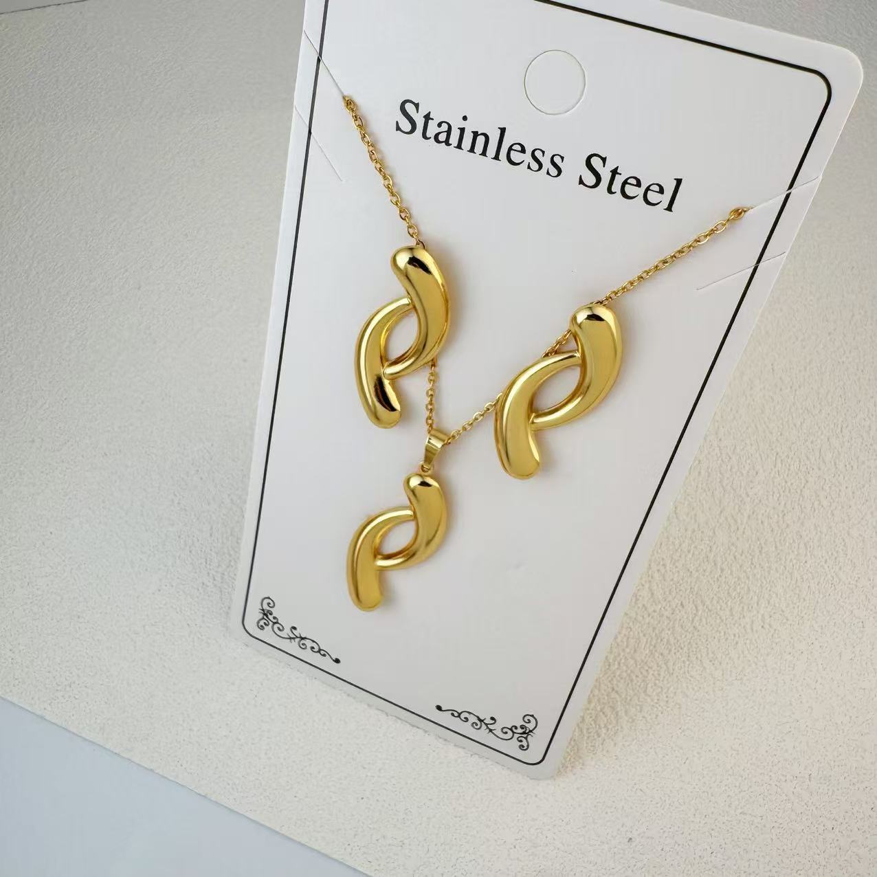 New Stainless Steel Plated 18k Gold Necklace Earring Set