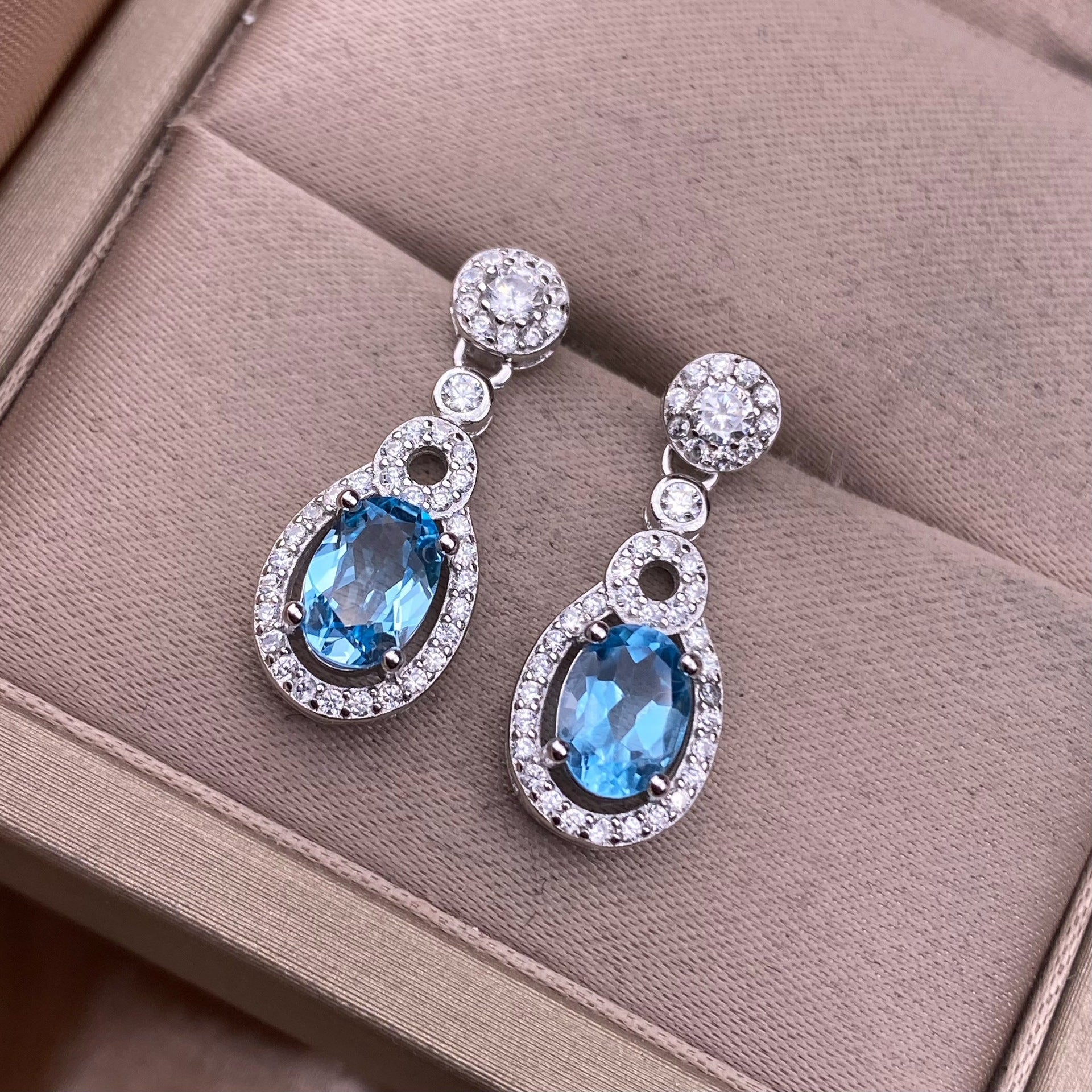 Blue Topaz Earrings S925 Silver Set With Full Diamonds