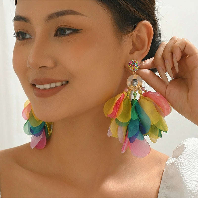 Bohemian Handmade Fabric Chiffon Flower Dangle Earrings - Beauty Accessories
