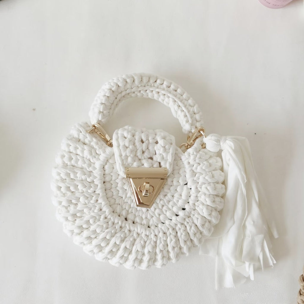Bohemian Womens Solid-Colored Fabric-Strap Crochet Bag - Beauty Accessories