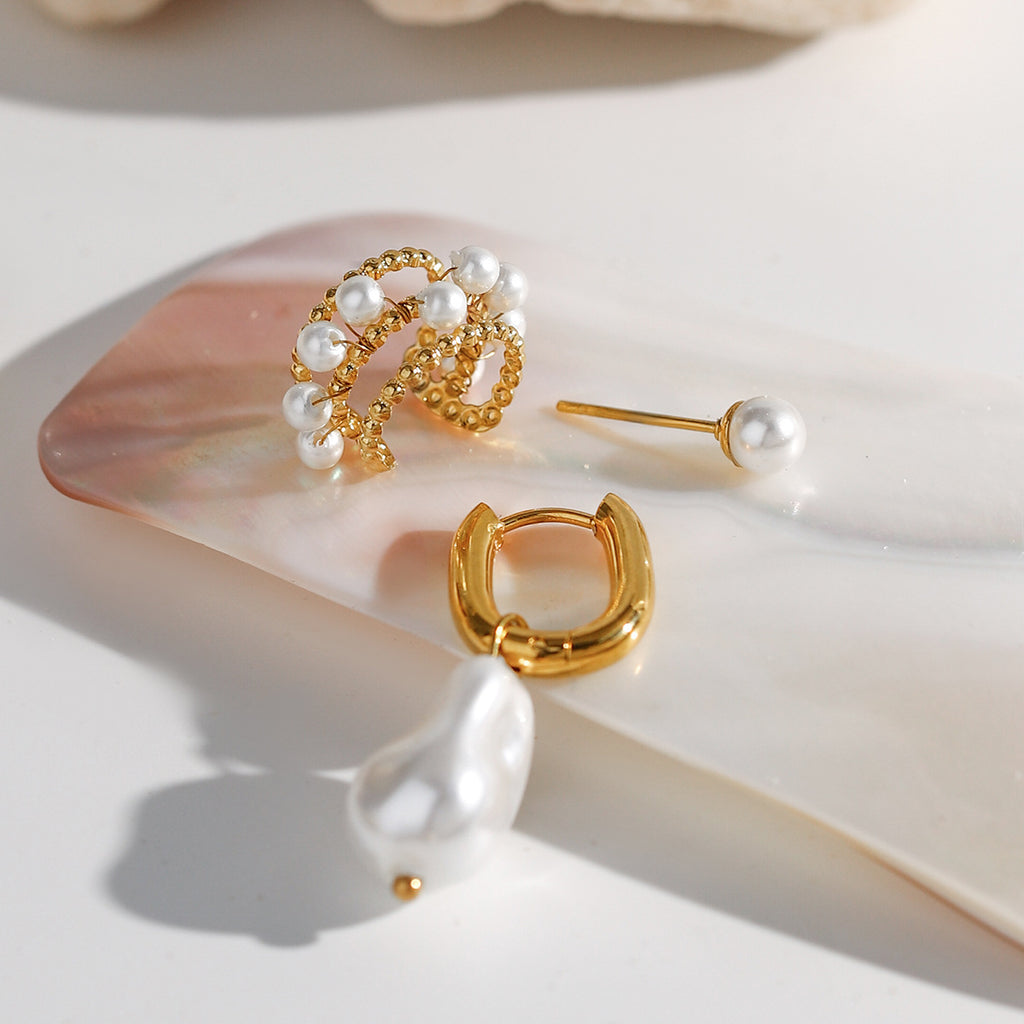 18K Gold Stainless Steel Pearl Round Beads Earrings - Beauty Accessories