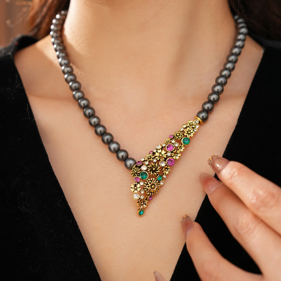 Vintage Baroque Pearl Necklace And Earrings Set Colorful Crystal Floral Jewelry Set