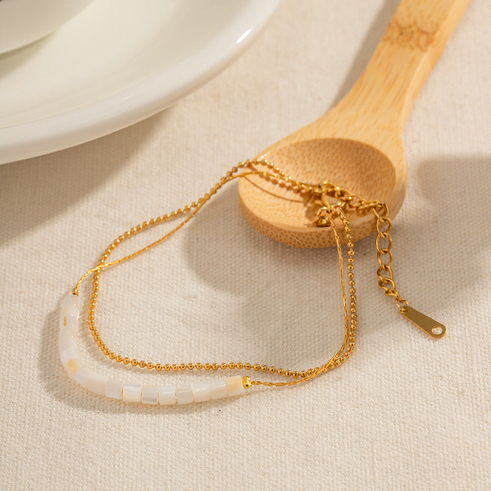 18K Gold Stainless Steel Double-layer Cylindrical Shell Beaded Anklet - Beauty Accessories