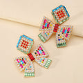 Multicolor Paved Rhinestone Bow Dangle Earrings - Beauty Accessories