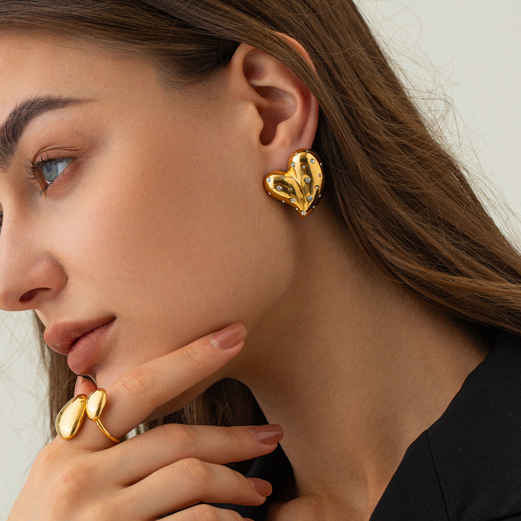 Fashion 18K Gold Stainless Steel Inlaid White Diamond Love Heart Earrings - Beauty Accessories