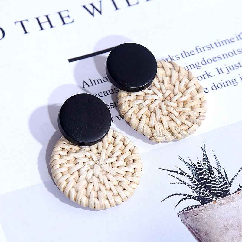 Women's Wooden Rattan Geometric Round Boho Earrings