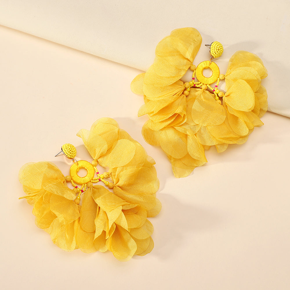 Handmade Bohemian Beaded Chiffon Flower Tassel Earrings - Beauty Accessories
