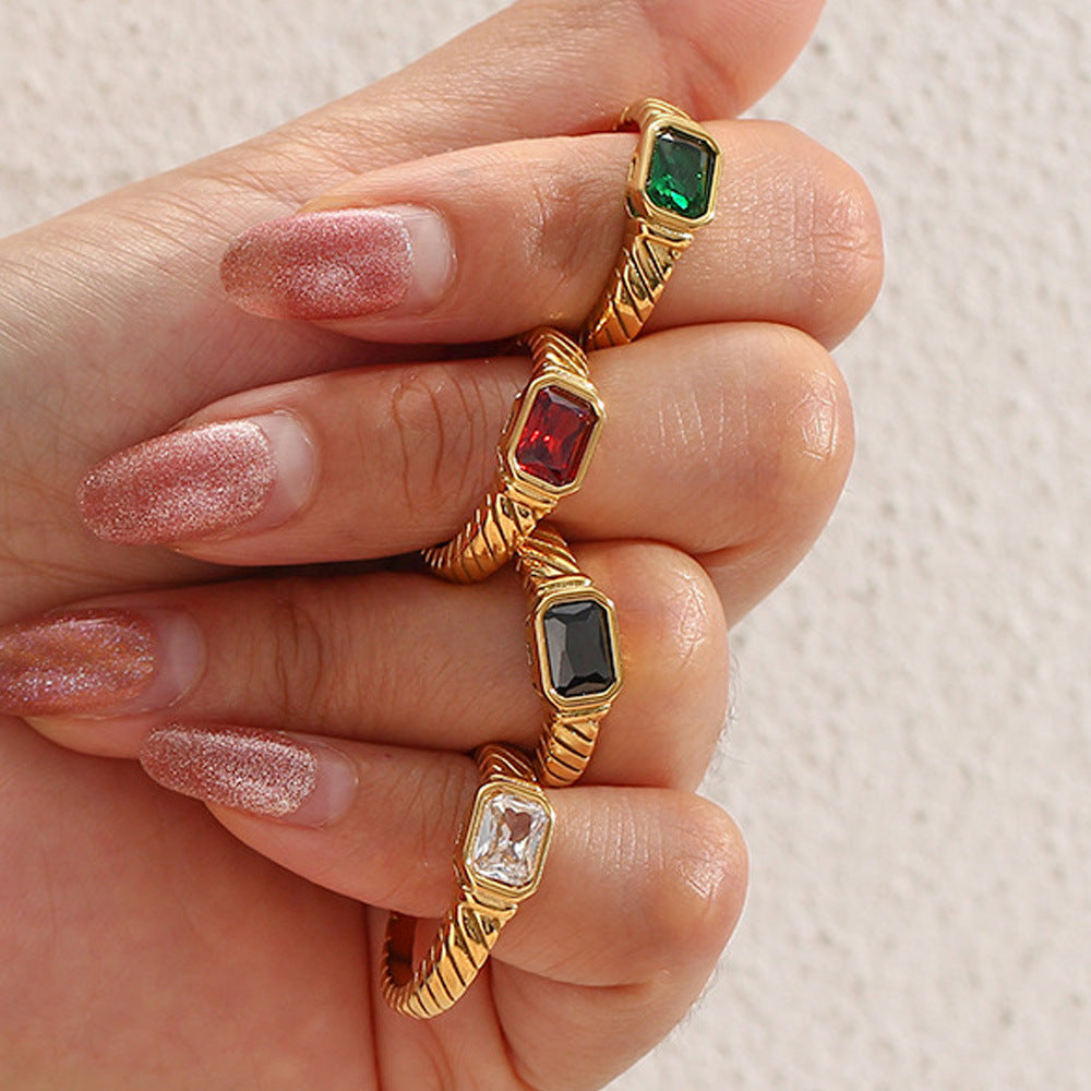 Stainless Steel Waterproof Black White Green Zircon Ring - Beauty Accessories