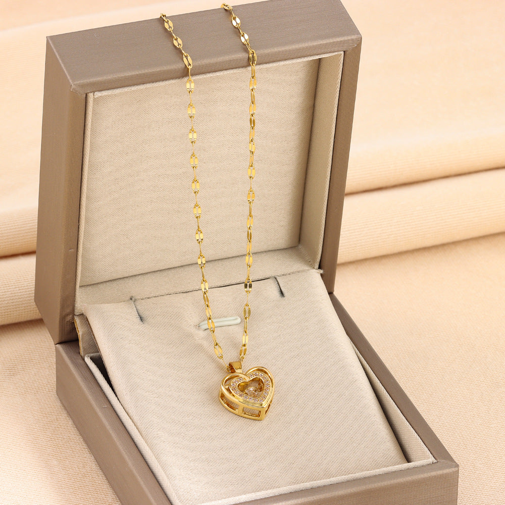 Double-layer Love Necklace With Rhinestones Titanium Steel - Beauty Accessories