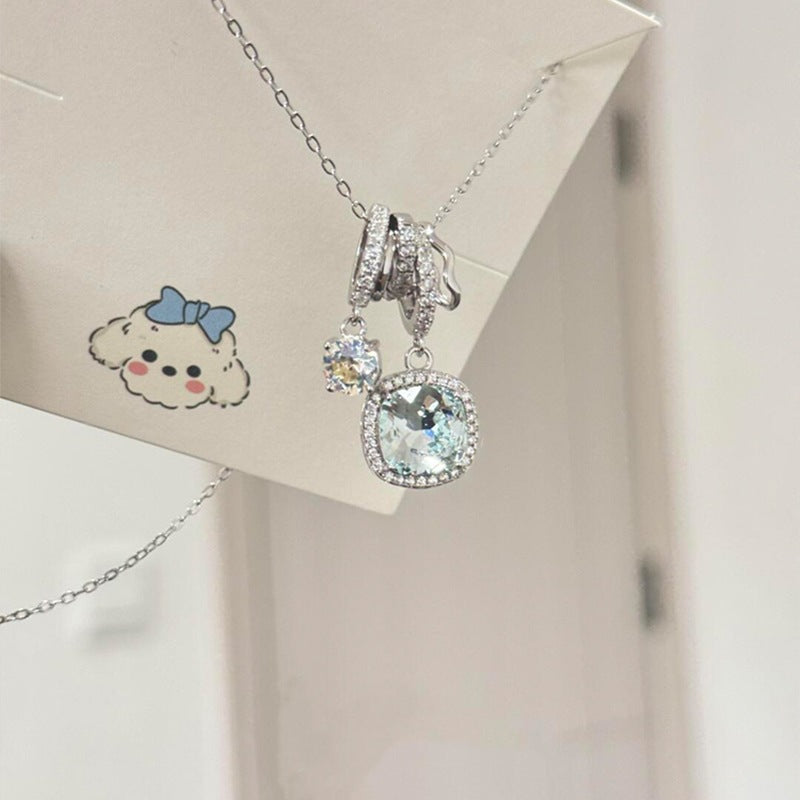 S925 Pure Silver Ice-clear Sea Blue Square Necklace - Beauty Accessories