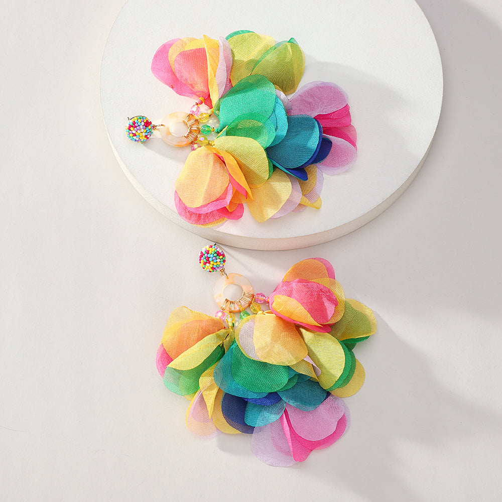 Bohemian Handmade Fabric Chiffon Flower Dangle Earrings - Beauty Accessories