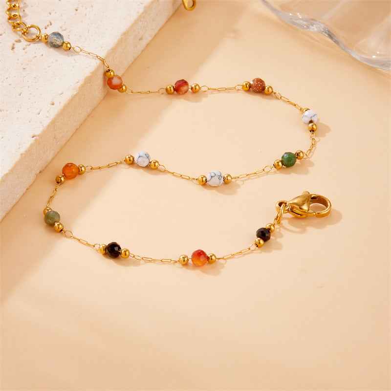 Colored Beaded Stone Stainless Steel Chain Anklet - Beauty Accessories