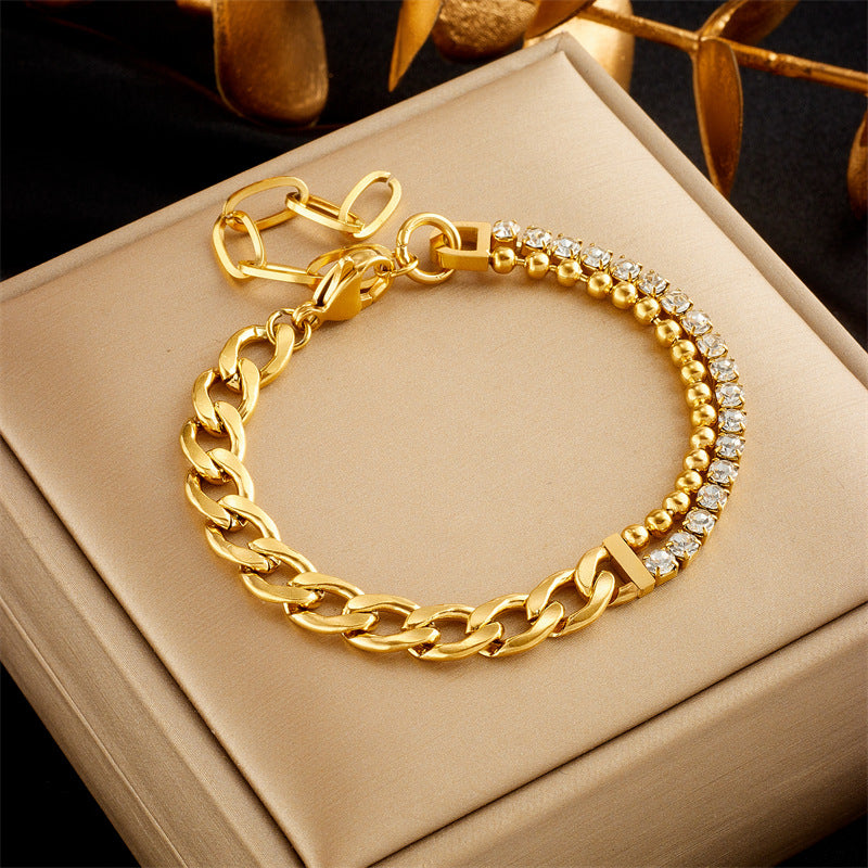 Asymmetric Diamond Double-layer Thick Chain Titanium Steel Metal Punk Hip Hop Simple All Match Jewelry Bracelet