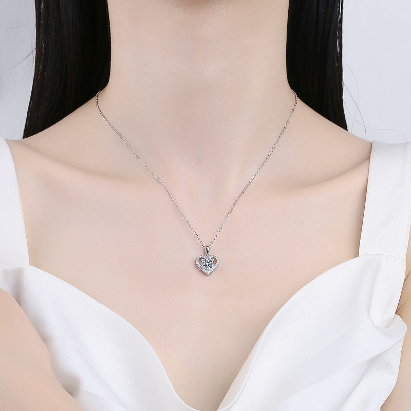 Sterling Silver Moissanite Ring Heart-shaped Necklace Female Clavicle Chain - Beauty Accessories