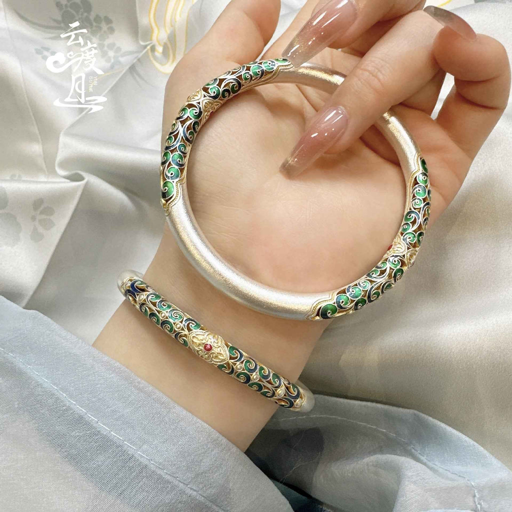 S999 Sterling Silver Enamel Scroll Pattern Gold-Painted Bracelet For Women, Chinese Traditional Style, Fixed Bangle, All-Match Jewelry