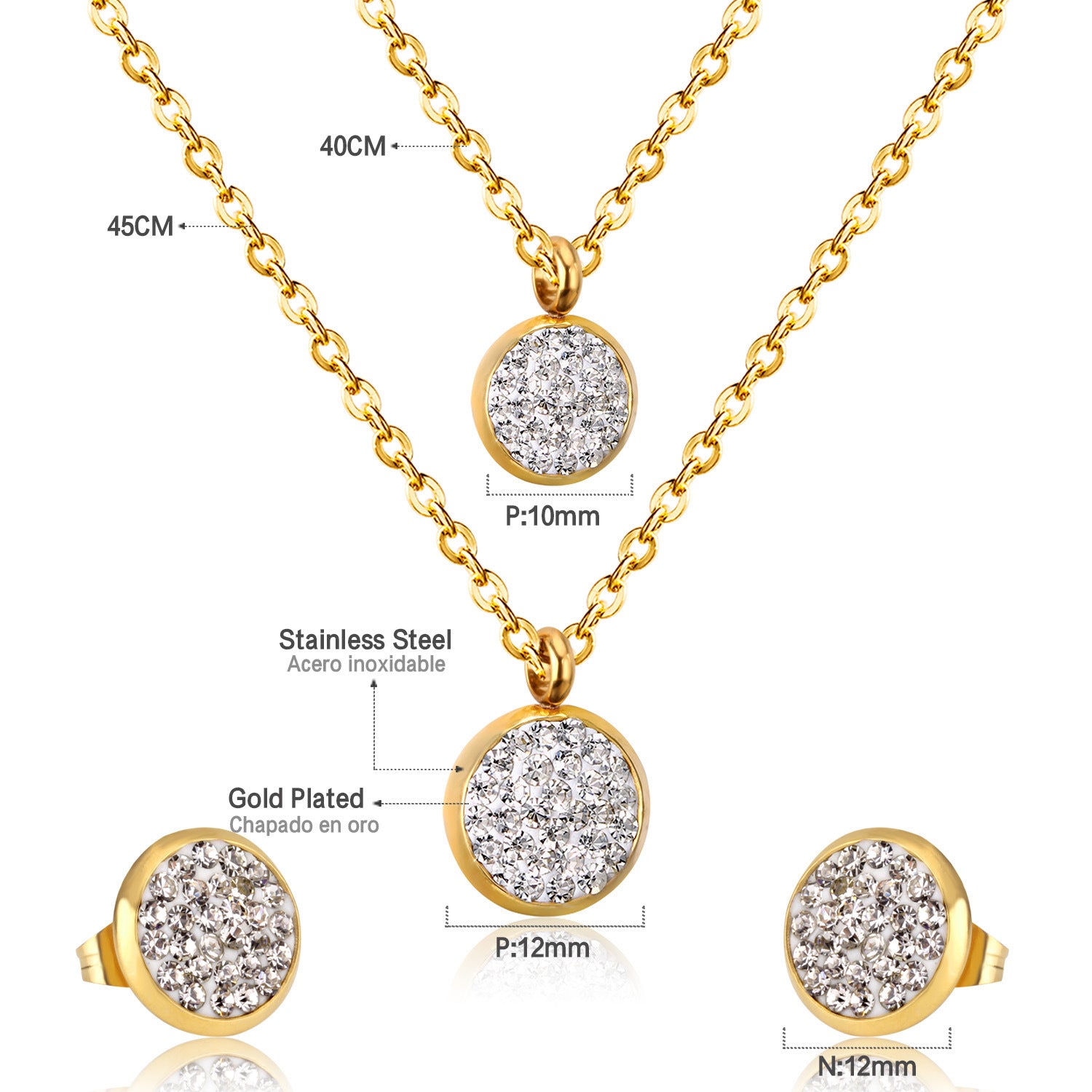 White Mud Pendant Double Chain Gold Stainless Steel Jewelry Set For Women